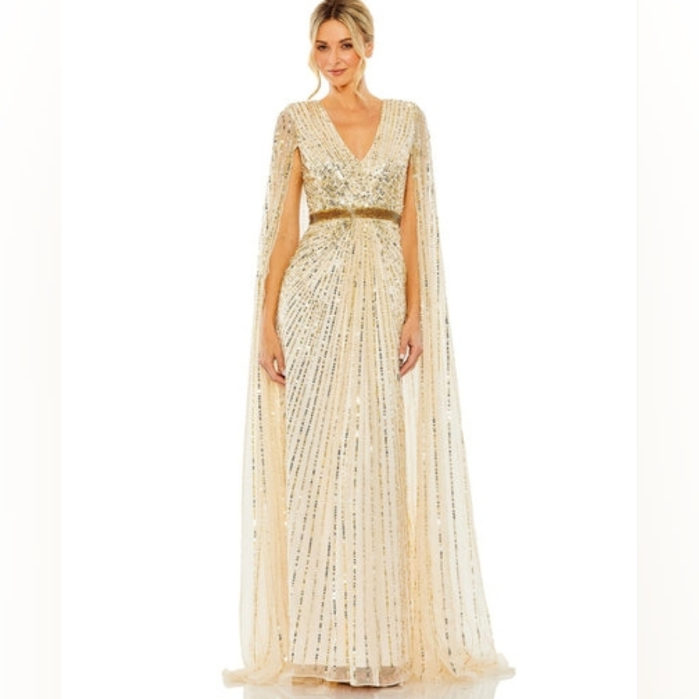 Mac Duggal Gold Sequin Cape Evening Gown